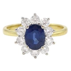 18ct gold oval sapphire and round brilliant cut diamond cluster ring, hallmarked, sapphire approx 1.40 carat, total diamond weight 0.98 carat