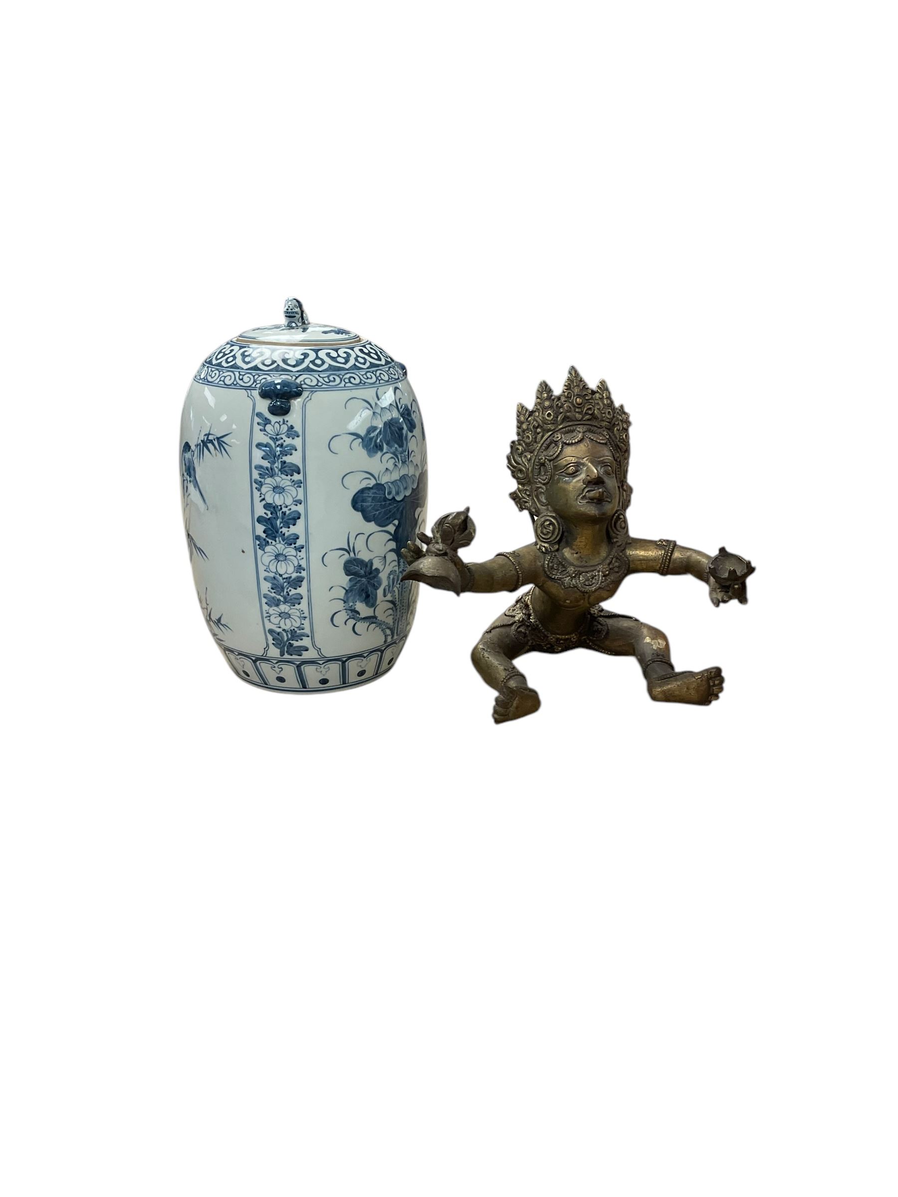 Collection of Chinese and Oriental ceramics together with mother of pearl inlaid box, and brass figure etc in two boxes 