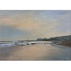 James D McGairy (British Contemporary): 'Evening Whitby from Sandsend', acrylic signed 13cm x 18.5cm 