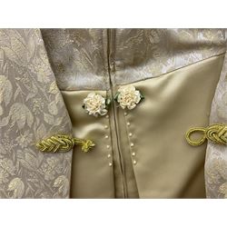Vintage ladies two piece silk dress and short sleeve jacket with gilt foliate detail together with gent's matching waistcoat
