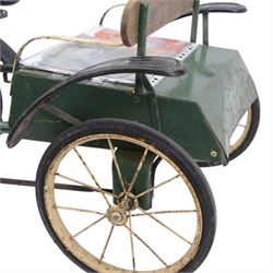 Triang child's pedal car in the style of a vintage automotive, likely a De Dion Bouton or an early Renault, painted in dark green with pale yellow details, H52cm