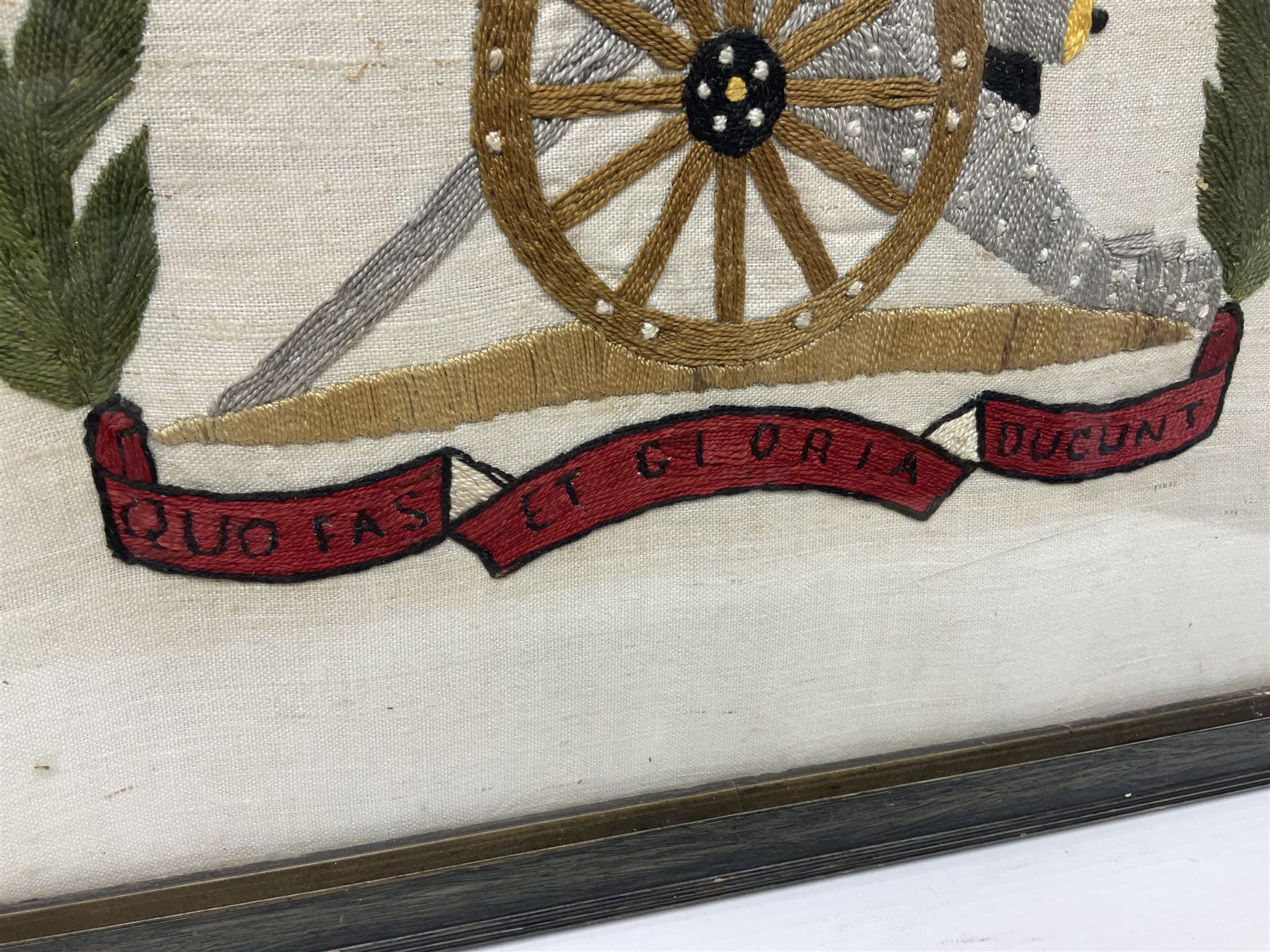 Embroidered framed panel, with the heraldic crest for Royal Regiment of Canadian Artillery, H44cm, W44cm