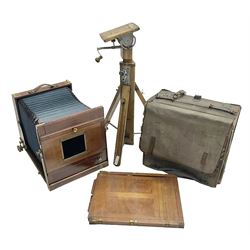 Kieser & Pfeufer folding mahogany and brass full plate camera, with adjustable wooden tripod