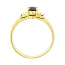 18ct gold sapphire and diamond ring, single oval cut sapphire of approx 0.70 carat, with a princess cut diamond and two round brilliant cut diamonds set either side, stamped 750, total diamond weight approx 0.20 carat
