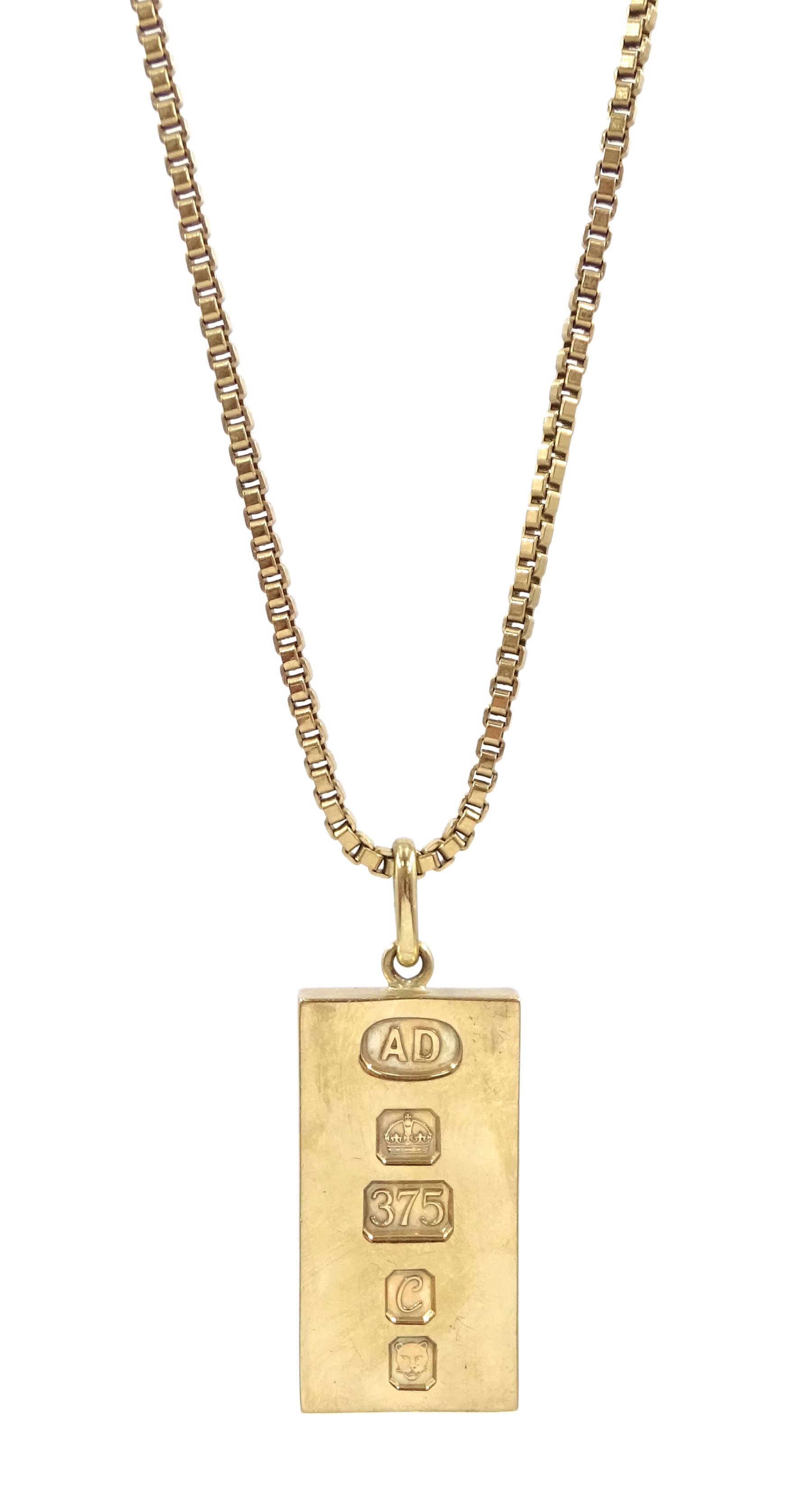 9ct gold ingot pendant London 1977, on 9ct gold box link chain necklace, hallmarked Jewellery