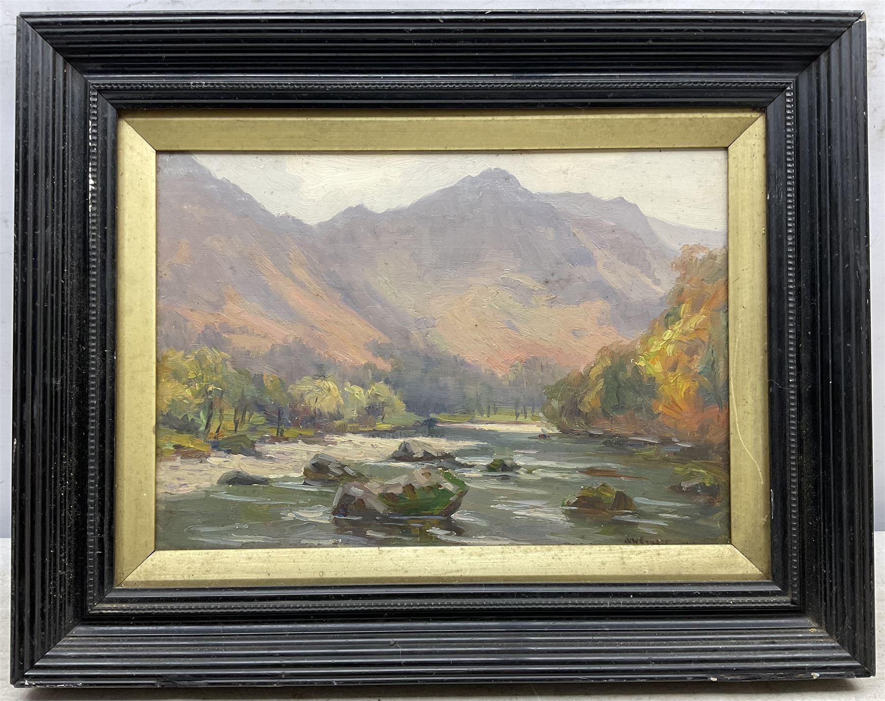 Augustus William Enness (British 1876-1948): Highland River, oil on panel signed 24cm x 34cm