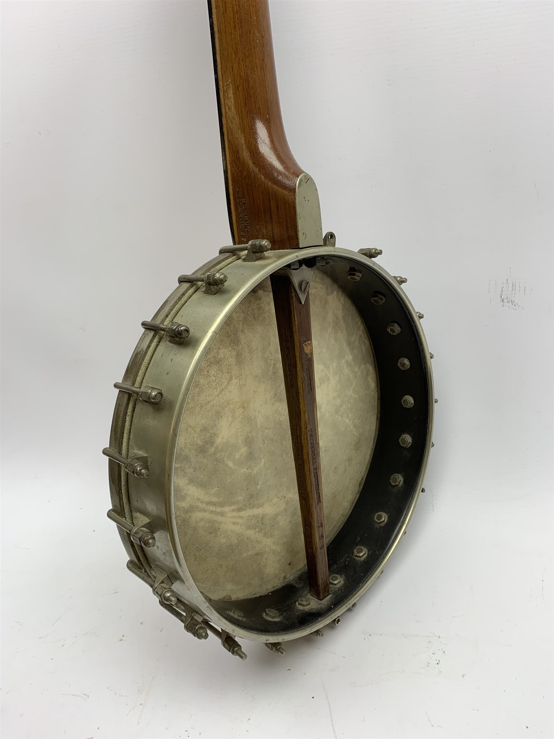 J E Brewster London Universal Favourite fretless banjo with inlaid fingerboard, impressed maker's marks and serial no.769, L90cm