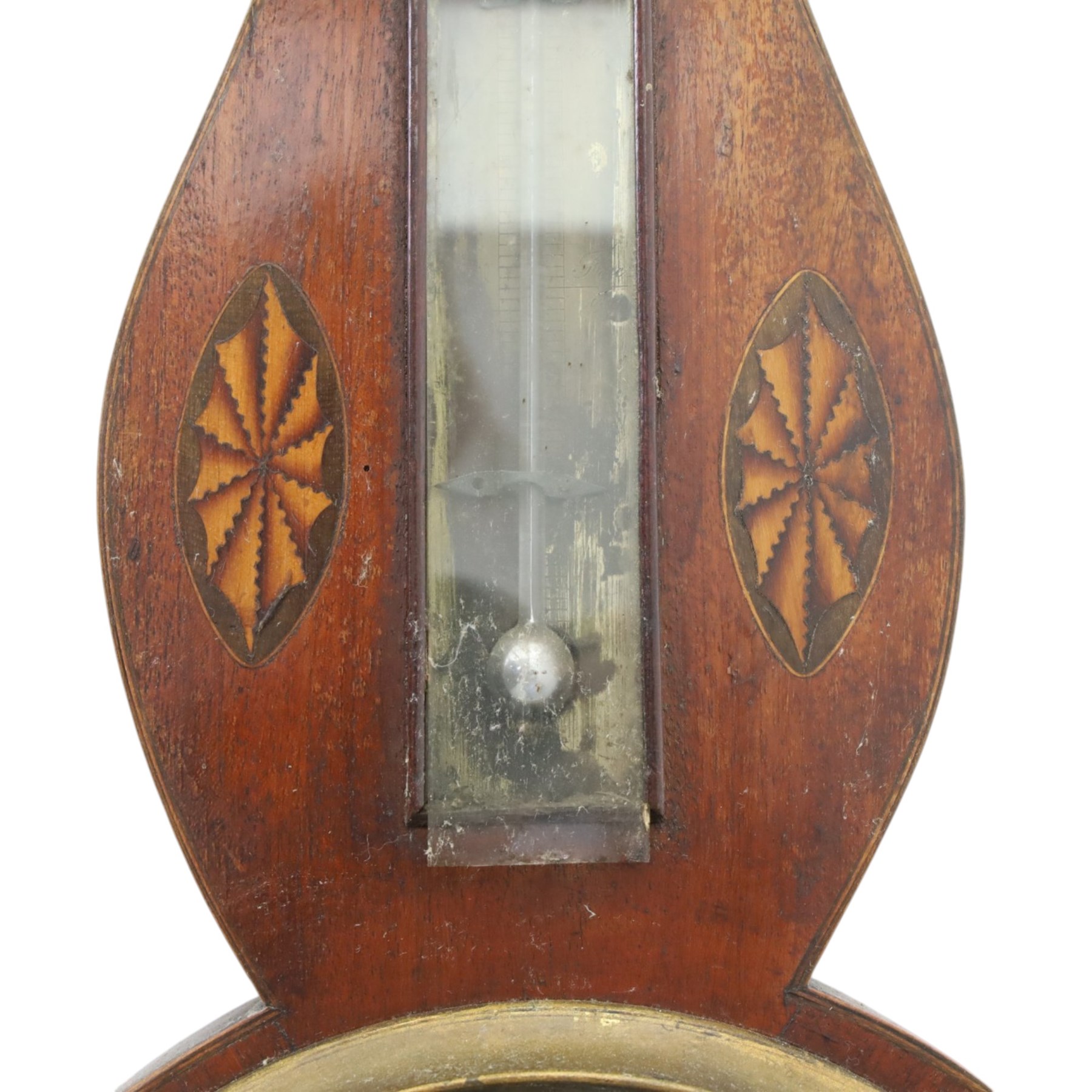 Three wheel barometers, a mother of pearl inlaid mahogany case, swan neck pediment, thermometer and circular dial, H 92cm, the second Sheraton Revival style with floral inlay, swan neck pediment, thermometer and circular dial, H 102cm, the third Sheraton Revival style, H 95cm (3)