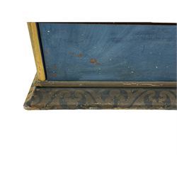In the manner of William Burges - mid-to-late 19th century English Gothic Revival pine altar or console table, in blue and red paint with water gilding, the moulded rectangular top over six pointed arches with turned column supports, the front carved with a single row of lozenges and incised stylised motifs