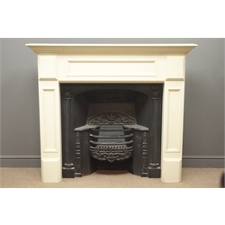  'Stovax' William IV style cast iron black finish fire inset with hob grates and a 20th century ivory painted fire surround, W140, H120cm, D47cm  