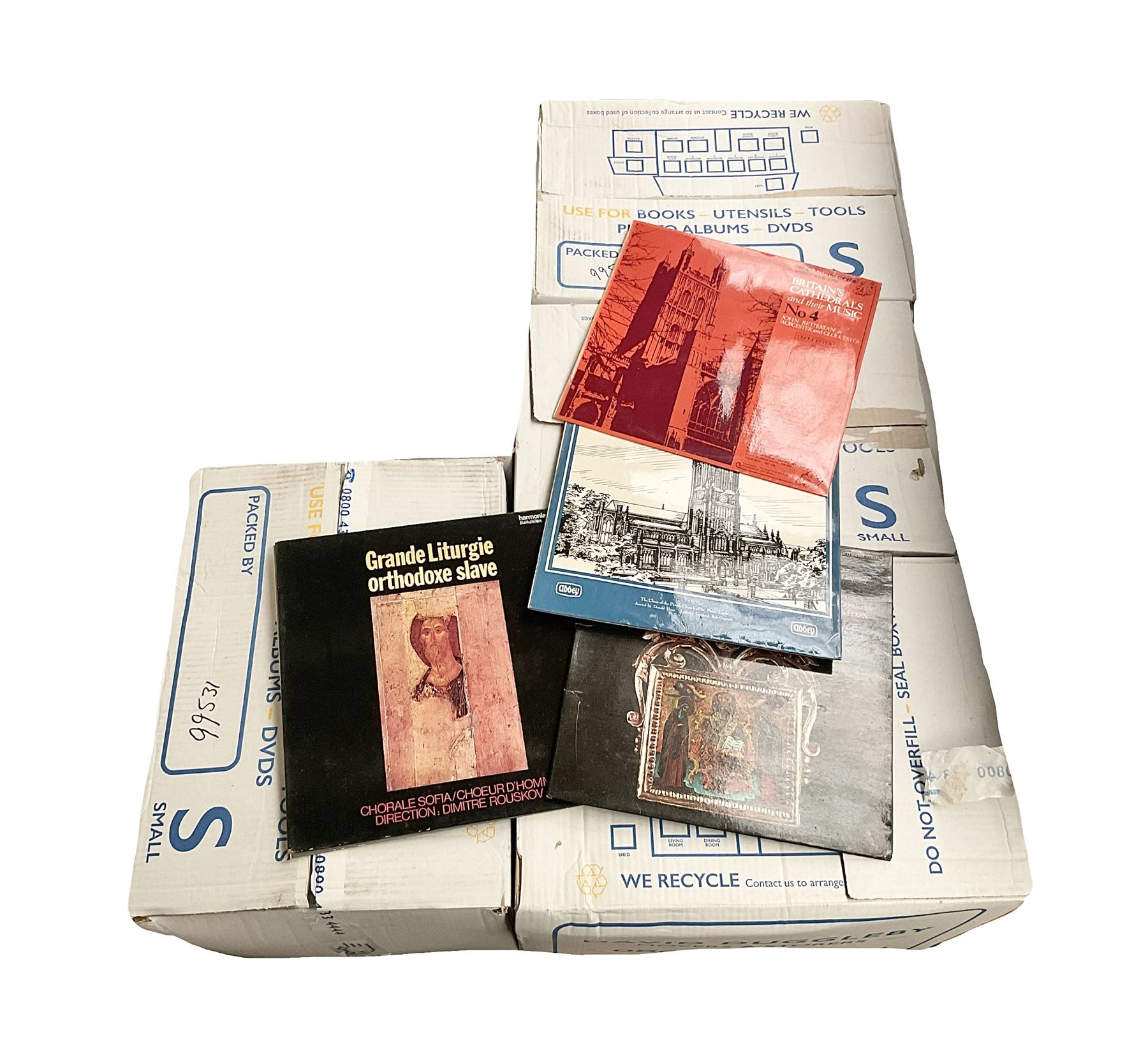 Collection of vinyl LP records in four boxes, mainly classical including The Organs of Bridlington Priory, Fernando Germani Plays Bach, Yehudi Menuhin, etc