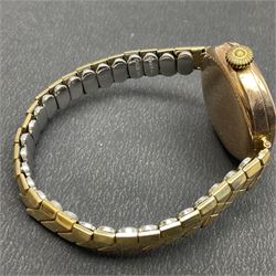 9ct gold jewellery, including rose gold cased ladies wristwatch on gilt stretch strap, pair of small hoop earrings and three other odd hoop earrings