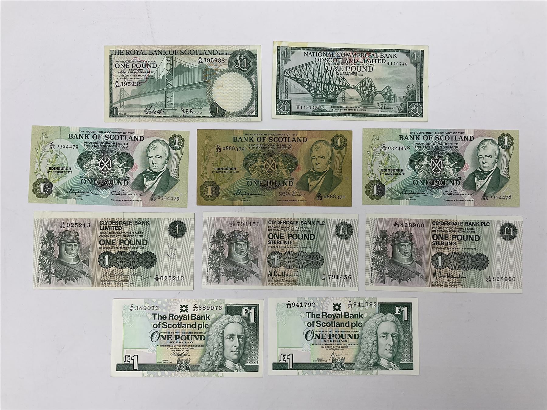 Irish and Scottish banknotes to include Bank of Ireland 5 January 1939 ‘B15’ one pound, two Bank of Scotland 1964 ‘AD07’ and ‘AF05’ one pound notes, one 1966 ‘CQ77’ one pound, and further notes from Clydesdale Bank, National Commercial Bank of Scotland Ltd. etc, housed in plastic sleeves