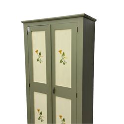 Laurel green and cream painted pine cupboard, enclosed by two panelled doors, fitted with three shelves