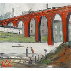 Walker Scott (Northern British Contemporary): Wading Beneath the Viaduct, oil on board signed 23cm x 25cm (unframed)