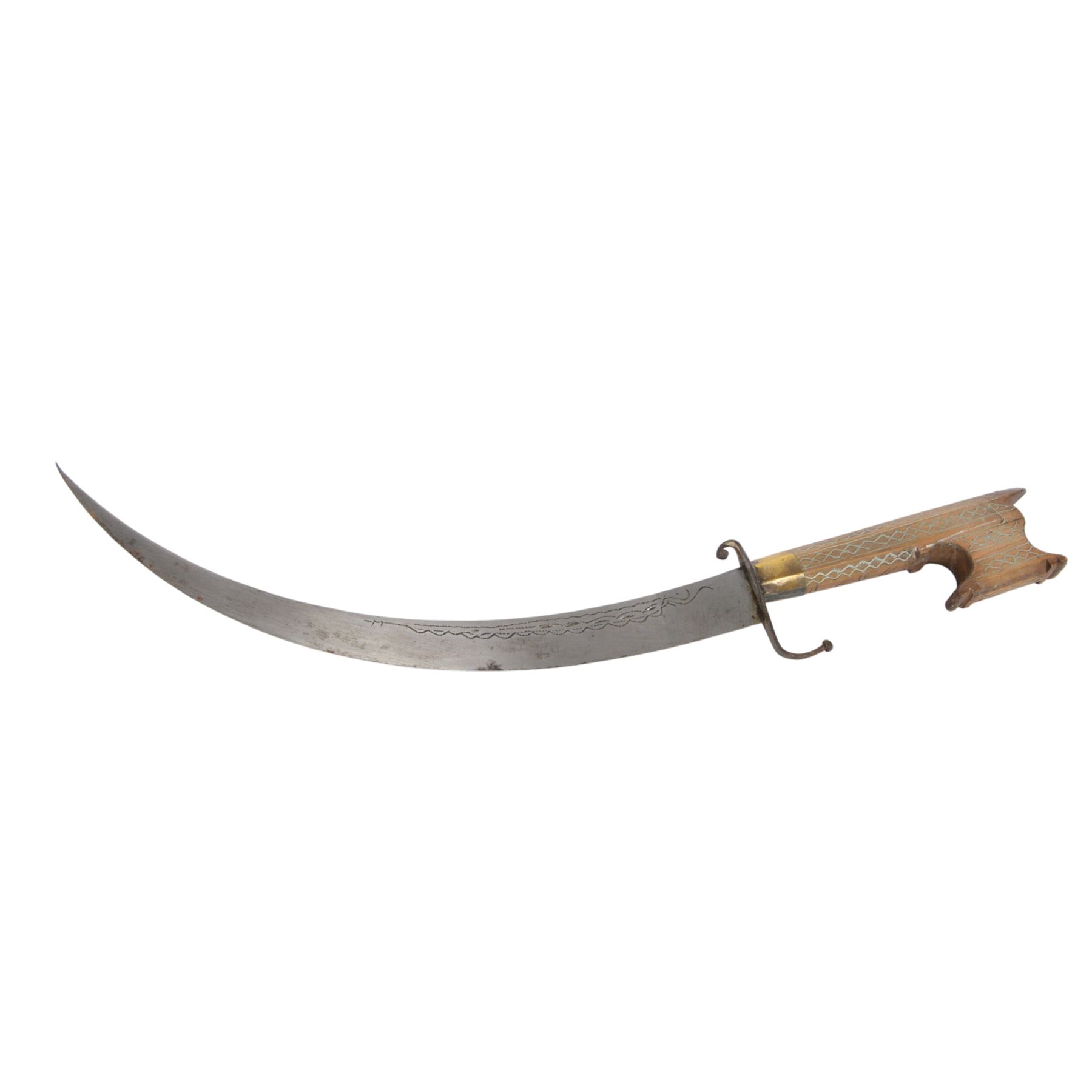 Hunting dagger, with L32cm engraved single edged blade, with a brass deer's foot cross piece with shell guard and horn grip, in a brass mounted scabbard, together with two other daggers