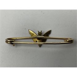 9ct gold pear butterfly brooch, 9ct gold stone set ring and an silver fob watch, all stamped or hallmarked 