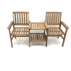  Hardwood two seat garden bench with integrated two tier table, W160cm  
