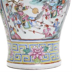 Large pair of 19th century Cantonese famille rose vases, each painted with various courtly scenes, including a display of warriors fighting on horseback before an official and his attendants, double Buddhist lion handles and applied at the shoulders with chilong, the lower band painted with Greek key motif, H58cm (2)