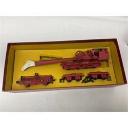 Hornby Dublo - 4620 Breakdown Crane No.133 in red with Match Trucks; boxed; another unboxed 4620 Breakdown Crane No.144 in black 'Cowans Sheldon' with Match Trucks; and nine Trackmaster goods wagons comprising three GW Open Wagons, two GW box vans, three NE Open Wagons and one NE Box Van; all boxed (11)