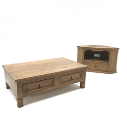  Pine coffee table, four drawers (W120cm, H41cm, D76cm) and matching corner television stand, single drawer, plinth base (W98cm, H59cm, D51cm) (2)  