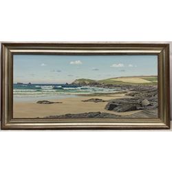 GA Garceau (Cornish 20th century): 'Booby's Bay - Trevose Head Cornwall', oil on canvas signed, titled and dated 1991 verso 40cm x 90cm