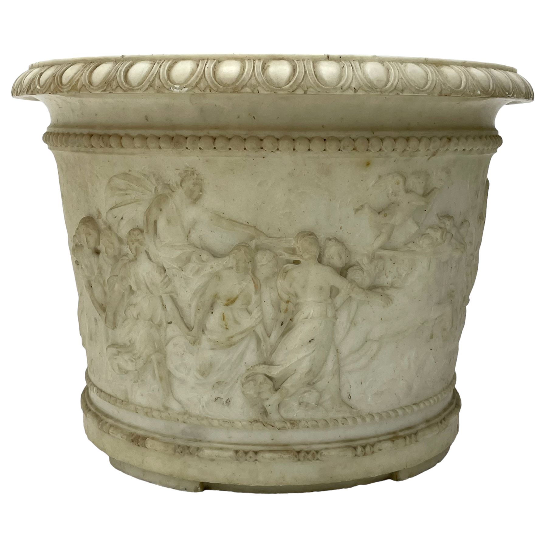 20th century marble planter, of slightly tapering cylindrical form, carved with a Classical frieze of figures and horse drawn chariot amidst clouds and sunburst, H32.5cm D45cm