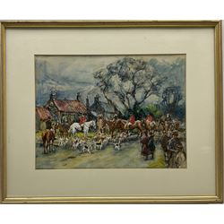 Rowland Henry Hill (Staithes Group 1873-1952): The Meet of the Goathland Hounds at Lythe, watercolour and gouache signed and dated 1932, 26.5cm x 35cm
Notes: this is a very similar work to Lot 113 25th March 2022 which was titled