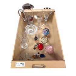 Collection of glassware, including two Caithness paperweights, Langham robin paperweight, Murano bell, etc