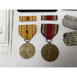 American Purple Heart Medal awarded to 32634848 Charles H. Poppo; cased with identity tags and paperwork; and Bronze Star Medal awarded to U.S. Marine Esteban T. Maranao; cased; American WWII Victory Medal and Asiatic Pacific Campaign Medal