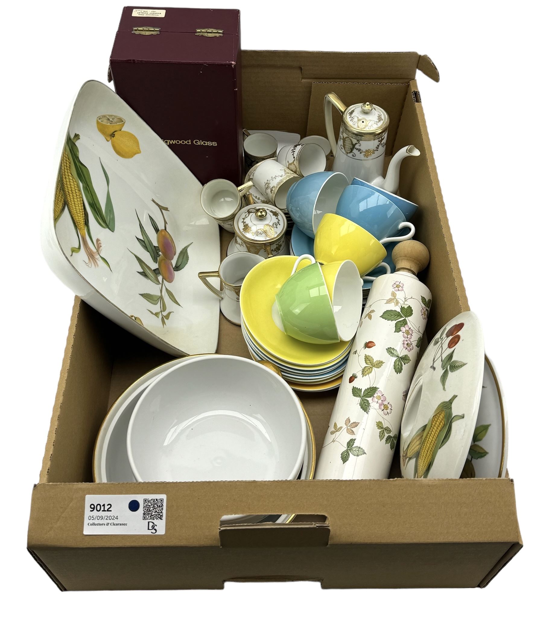 Aynsley harlequin cups and saucers, Royal Albert Old Country Roses vase and cover, Noritake coffee wares, Wedgwood Everest Goblet and various ceramics in two boxes