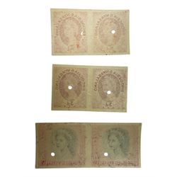 Three Queen Elizabeth II Rhodesia and Nyasaland 1954 stamp proof pairs, comprising half pence, threepence and two shilling sixpence