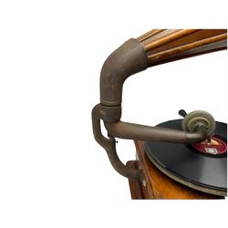 Early 20th century oak cased gramophone, the motor marked 'Garrard No.20 REF No.1030', with ribbed oak horn, base 30cm square; with one 78rpm record and Columbia tin of needles