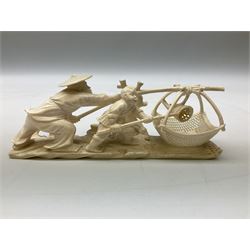 Japanese Tokyo School one piece ivory okimono, 19th century, carved as two fisherman with a net, H6cm, L15.5cm