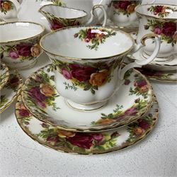 Royal Albert Old Country Roses pattern, tea service for six, comprising teapot, milk jug, open sucrier, dessert plates, teacups and saucers