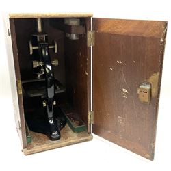 Black finished monocular microscope by Prior London No. 17372,  with pitchfork base and rack and pinion focusing, in original fitted wooden case with additional lenses, H32cm, together with Watts dumpy level, no. 116249, in a leather case