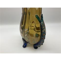 Pair of 19th century glass vases in the style of Auguste Jean, of bulbous form with lobed rim and applied blue glass zoomorphic handles, painted with enamel flowers, dragonflies and swans, upon four blue glass feet, H26cm