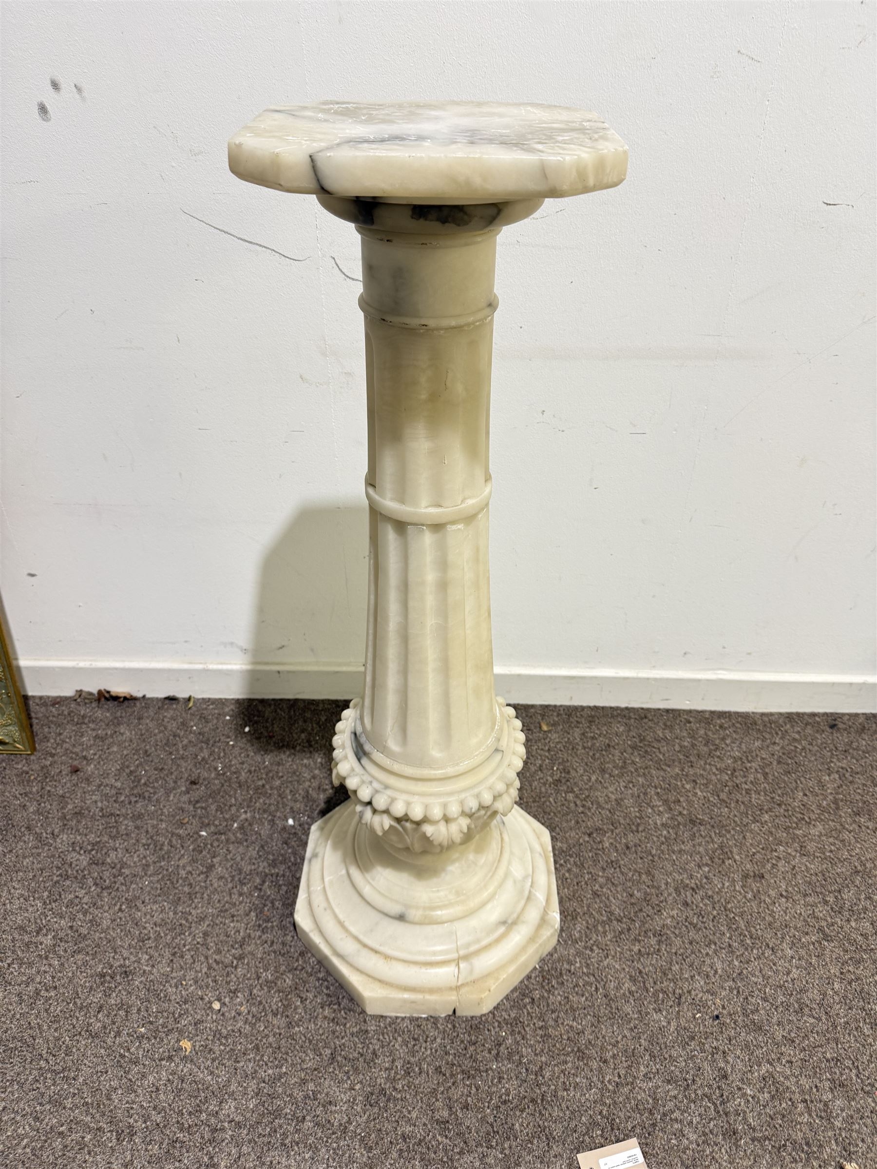 Marble alabaster pedestal, fluted column on acanthus carved base