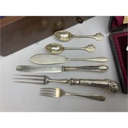 Walker & Hall silver-plate part canteen of cutlery, together with hallmarked silver cutlery comprising pair of Robert Pringle & Sons teaspoons, fork and butter knife, and silver handled knife and fork, cased set of Walker & Hall fish servers with simulated bone handles, and quantity of silver-plate and other cutlery