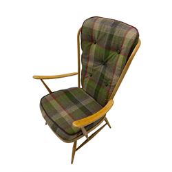Ercol - light beech high back easy armchair, with upholstered loose cushions in tartan fabric 