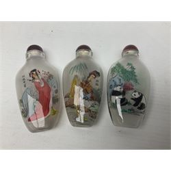 Seven Chinese glass snuff bottles painted with figures and animals, together with three wood mounted bone examples
