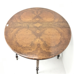 19th century walnut drop leaf table, moulded top, carved and pierced supports, W112cm, H72cm, D91cm