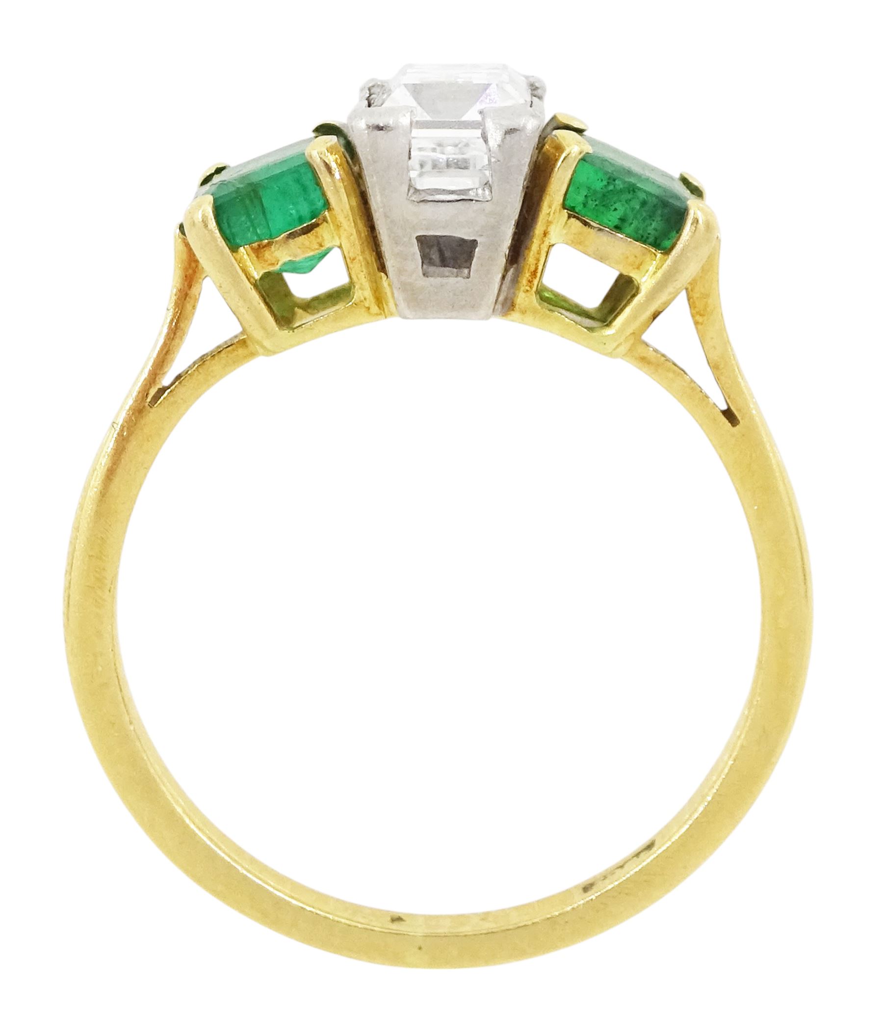Gold three stone baguette cut diamond an square cut emerald ring, stamped 18ct, diamond approx 0.80 carat, total emerald weight approx 0.65 carat