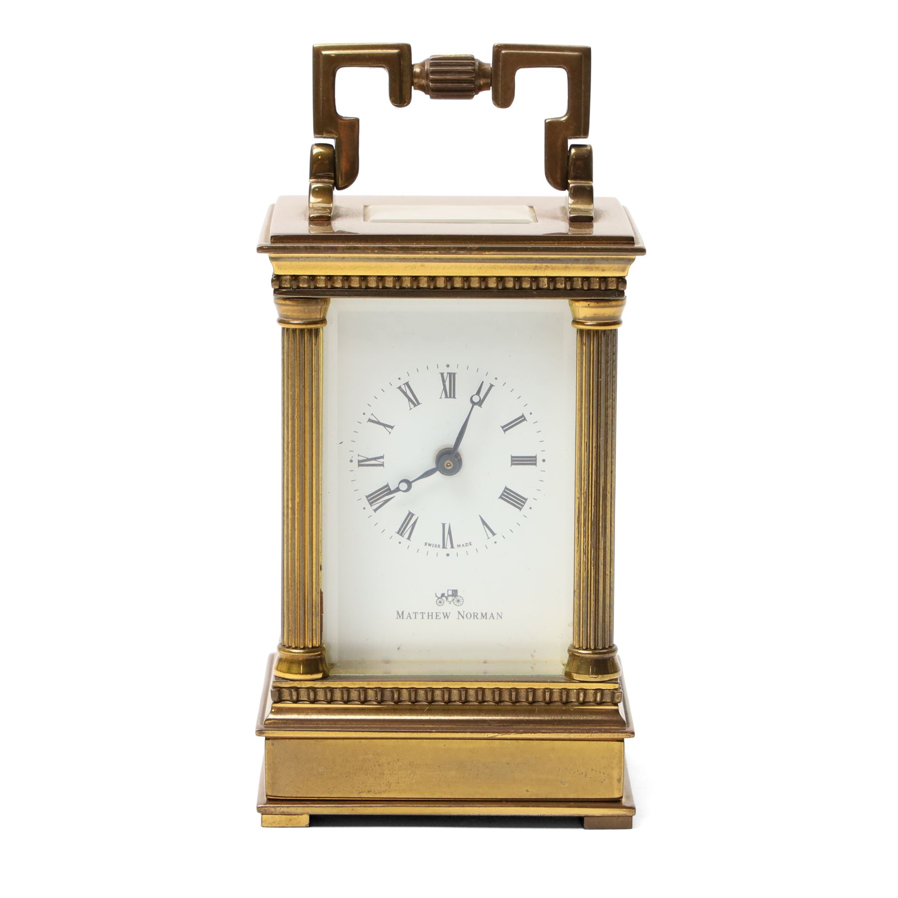 Matthew Norman - Modern repeating carriage clock with Swiss movement, white dial, brass and bevelled glass case H14cm, boxed and a miniature carriage clock by the same maker H9cm, boxed (2) 
