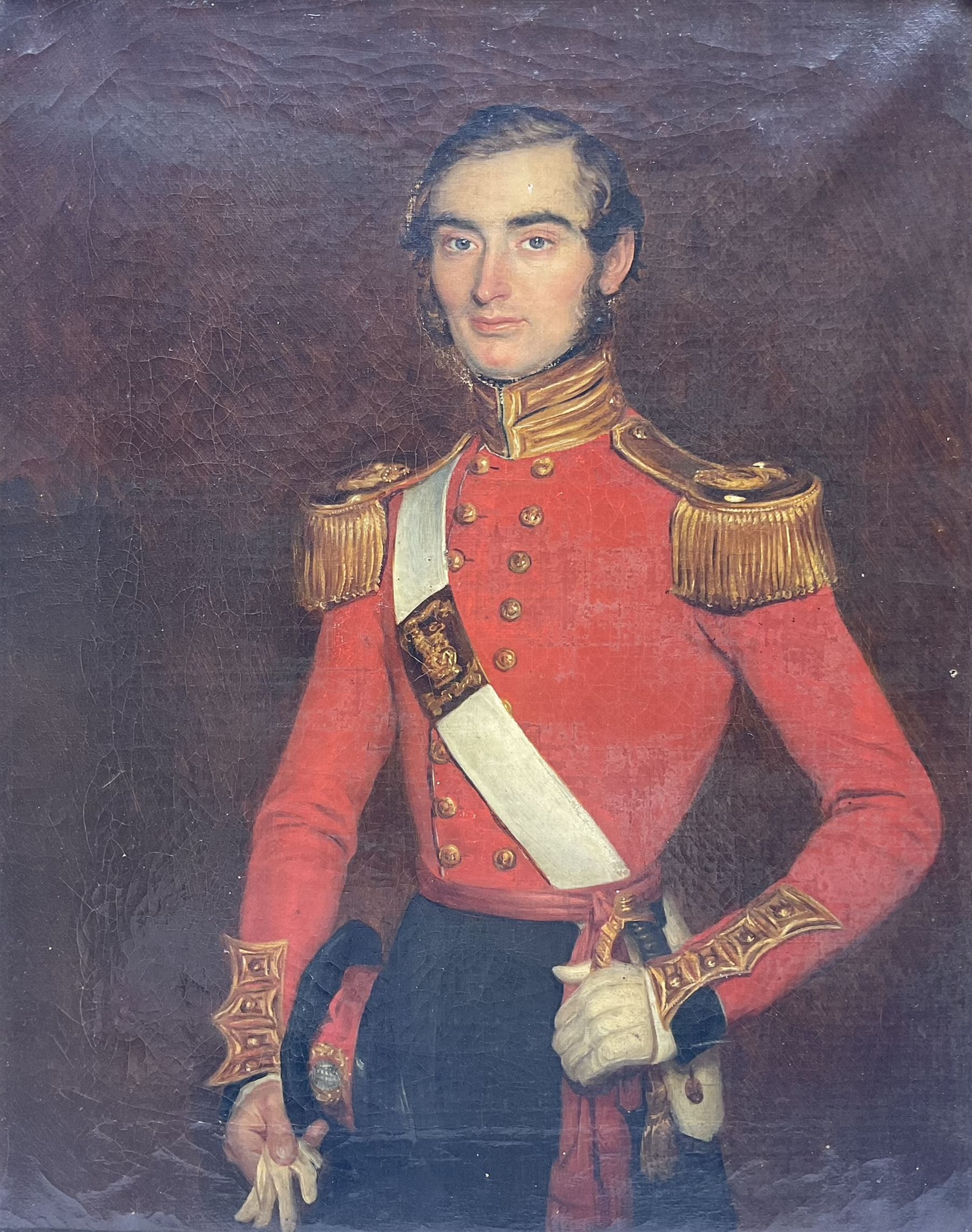 English School (Mid 19th century): Portrait of Major General Richard George Connelly, three-quarter in length in uniform, oil on canvas unsigned, titled on plaque, formerly inscribed 'painted at Chatham February 1844' verso 43cm x 35cm 
Provenance: from the collection at Athelhampton House, Dorset