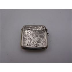 1920s silver vesta case, of typical form with engraved scroll decoration, with later applied ceramic circular plaque to front depicting a Boston Terrier, hallmarked F D Long, Birmingham 1920, H4.7cm