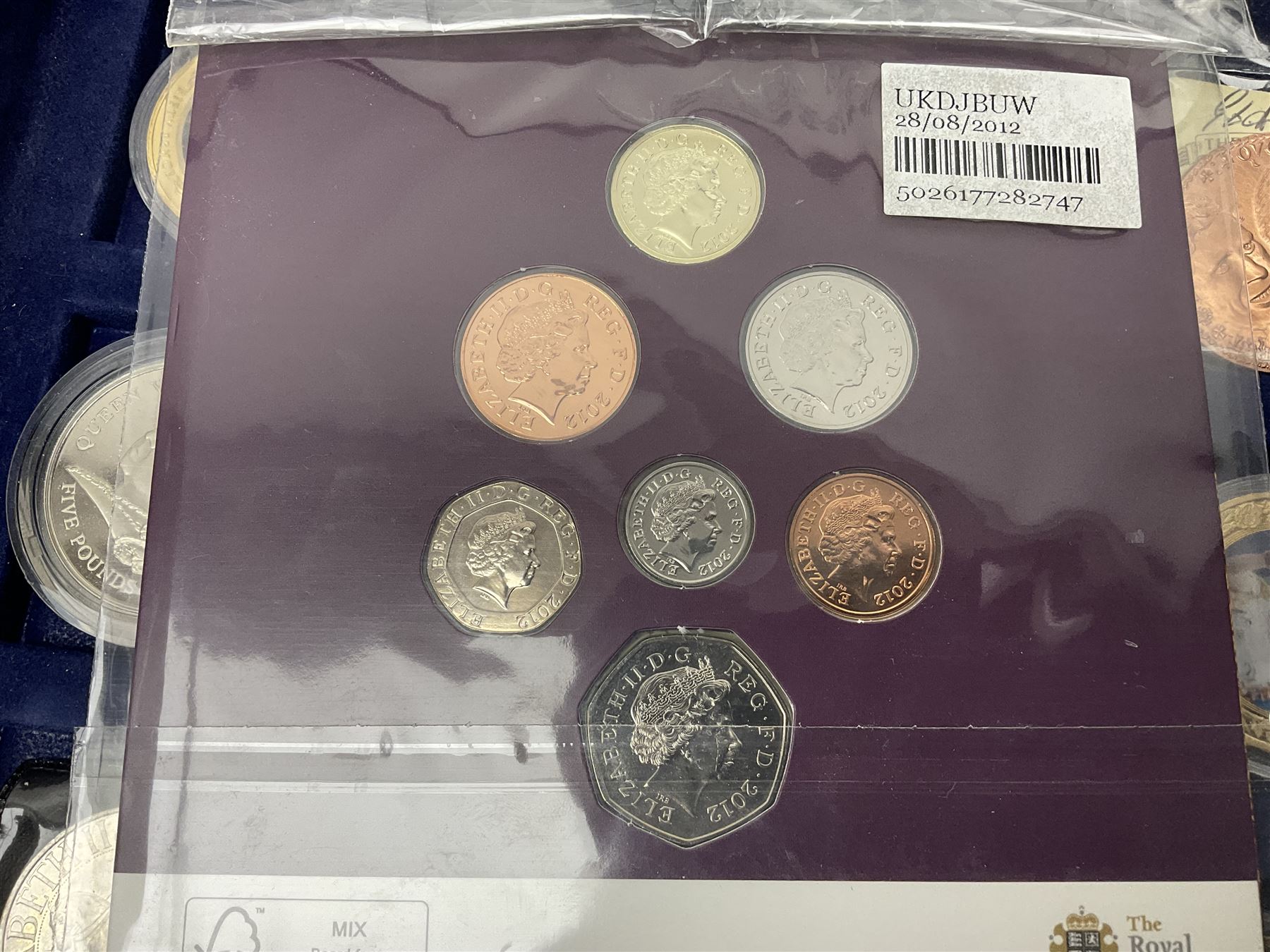 Mostly commemorative coins, including crowns, Queen Elizabeth II 2009 countdown to London 2012 five pound coin on card, 'The 2012 Diamond Jubilee' coin set in card folder, Cook Islands 2013 one dollar commemorating 'Coronation sixty years 1953 2013' etc