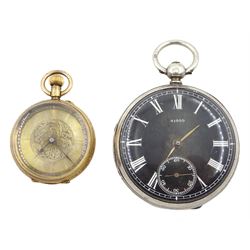 Swiss 18ct gold gold keyless cylinder fob watch, stamped 18K with Helvetia head and a silver keyless lever pocket watch, No. 16081black enamel dial numbered 41000, case makers mark JW, London 1927