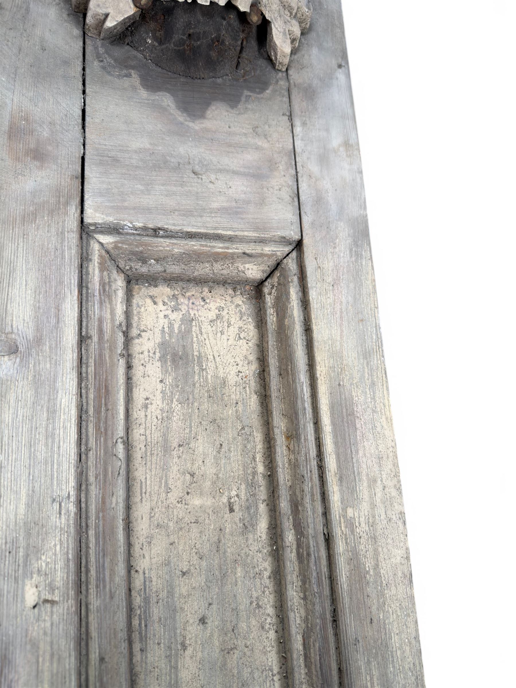 Pair of 19th century pine architectural pilasters, with painted terracotta capitols, with acanthus and scroll detail (18cm x 15cm x 57cm)