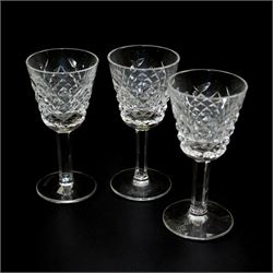 Waterford crystal Alana pattern glassware, comprising water jug, two tall tumblers, six port glasses and six sherry glasses, together with a single candle holder, jug H17cm